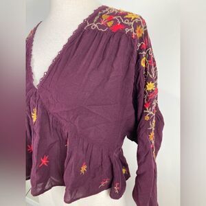 Free People Purple Top with Floral Embroidery